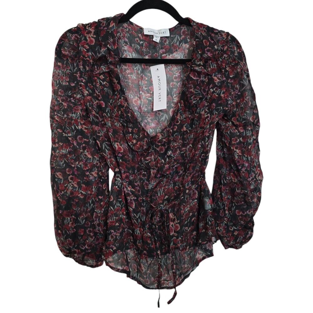 NWT AMOUR VERT Size XS Linette Zuma Floral Wrap Long Sleeve Blouse 100% Viscose